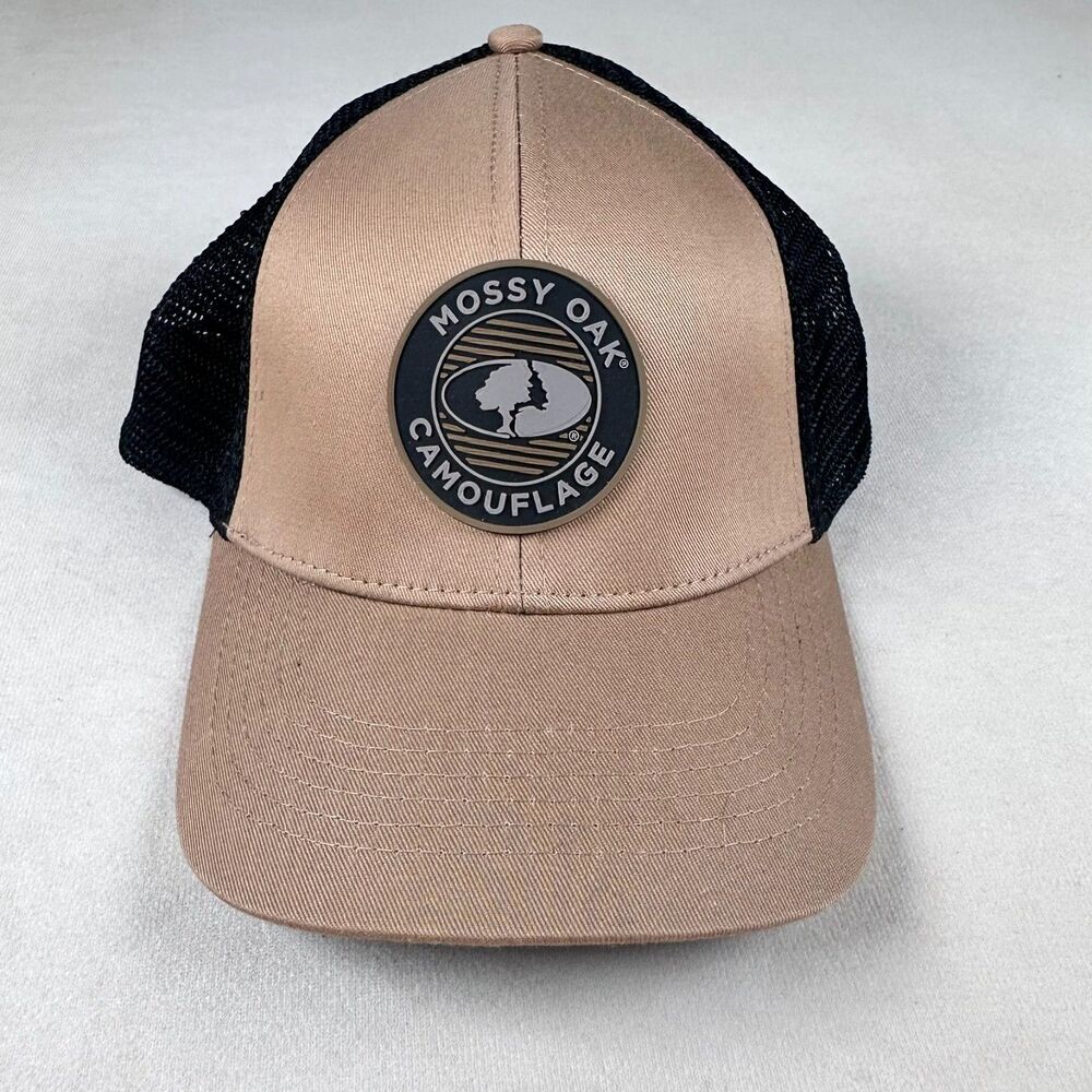 Mossy Oak Outdoors Trucker Hat Tan Black Mesh PVC Logo Patch Hunting Cap S/M